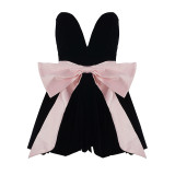 Women's Fashion Strapless Velvet Colorblock Bow Patchwork Slim Waist Puffy Dress