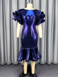 Women's Formal Party Glossy Puff Sleeve Round Neck Slim Waist Ruffle Mermaid Evening Dress