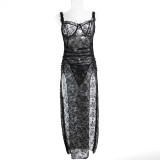 Women's Plus Size Black Lace Mesh Patchwork High Slit Long Dress