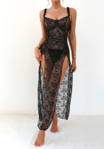 Women's Plus Size Black Lace Mesh Patchwork High Slit Long Dress