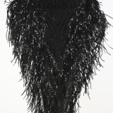 Women's Fashion Round Neck Mesh Patchwork Sequin Tassel See-Through Beaded Dress