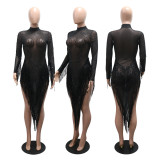 Women's Fashion Round Neck Mesh Patchwork Sequin Tassel See-Through Beaded Dress