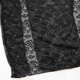 Women's Plus Size Black Lace Mesh Patchwork High Slit Long Dress
