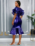 Women's Formal Party Glossy Puff Sleeve Round Neck Slim Waist Ruffle Mermaid Evening Dress
