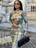 Autumn Women's Print Cut-Out Sexy Long Sleeve Maxi Dress