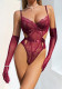 Women's Lingerie Burgundy Lace Cut-Out Shaping Bodysuit with Gloves