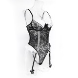 Women's Valentine Cute Lace Trim Stretchy Tight-Fitting Bodysuit with Stockings
