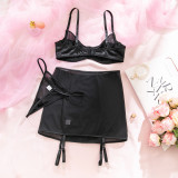 Women's Black See-Through Mesh Bra High-Waist Butt Lift Three-Piece Lingerie Set