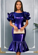 Women's Formal Party Glossy Puff Sleeve Round Neck Slim Waist Ruffle Mermaid Evening Dress