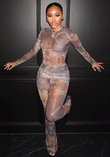 Autumn/Winter Women's Round Neck Printed See-Through Top and Slim Fit Pants Set