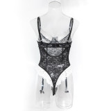 Women's Valentine Cute Lace Trim Stretchy Tight-Fitting Bodysuit with Stockings