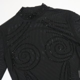 Women's Fashion Round Neck Mesh Patchwork Sequin Tassel See-Through Beaded Dress