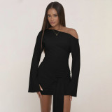 Women's Chic Solid Color Slash Shoulder Lace-Up Bell Sleeve Bodycon Mini Dress