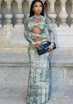 Autumn Women's Print Cut-Out Sexy Long Sleeve Maxi Dress
