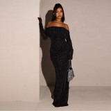 Autumn/Winter Women's Off-Shoulder Mesh Slim Waist Bodycon Evening Dress