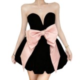 Women's Fashion Strapless Velvet Colorblock Bow Patchwork Slim Waist Puffy Dress