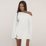 Women's Chic Solid Color Slash Shoulder Lace-Up Bell Sleeve Bodycon Mini Dress
