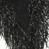 Women's Fashion Round Neck Mesh Patchwork Sequin Tassel See-Through Beaded Dress