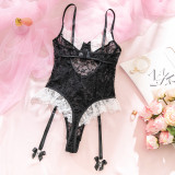 Women's Valentine Cute Lace Trim Stretchy Tight-Fitting Bodysuit with Stockings