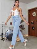 Women's Denim Pearl Beaded Straight-Leg Light Blue Denim Pants