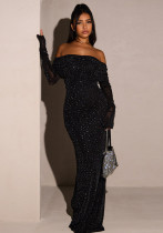 Autumn/Winter Women's Off-Shoulder Mesh Slim Waist Bodycon Evening Dress