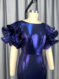 Women's Formal Party Glossy Puff Sleeve Round Neck Slim Waist Ruffle Mermaid Evening Dress