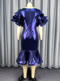 Women's Formal Party Glossy Puff Sleeve Round Neck Slim Waist Ruffle Mermaid Evening Dress