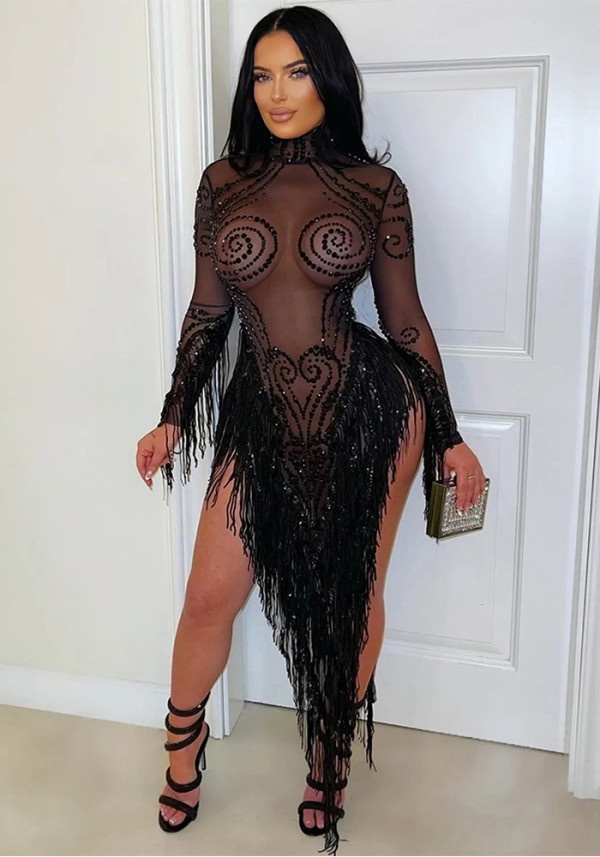 Women's Fashion Round Neck Mesh Patchwork Sequin Tassel See-Through Beaded Dress