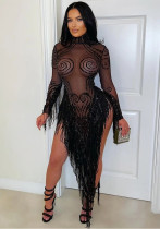 Women's Fashion Round Neck Mesh Patchwork Sequin Tassel See-Through Beaded Dress Women's Fashion Round Neck Mesh Patchwork Sequin Tassel See-Through Beaded Dress