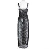 Women's Plus Size Black Lace Mesh Patchwork High Slit Long Dress