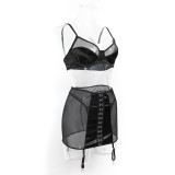 Women's Black See-Through Mesh Bra High-Waist Butt Lift Three-Piece Lingerie Set