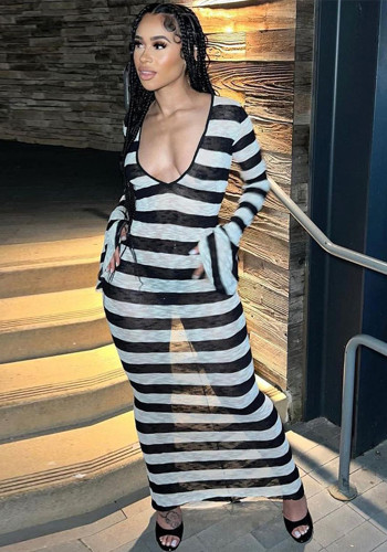 Summer Women's Sexy Long Sleeve Striped Printed Dress