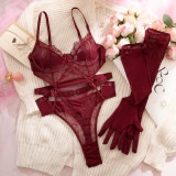 Women's Lingerie Burgundy Lace Cut-Out Shaping Bodysuit with Gloves
