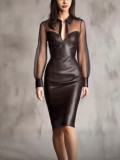 Women's Clubwear Mesh PU Leather Patchwork V-Neck Bodycon Dress