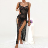 Women's Plus Size Black Lace Mesh Patchwork High Slit Long Dress