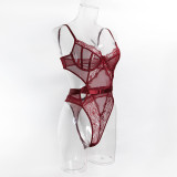 Women's Lingerie Burgundy Lace Cut-Out Shaping Bodysuit with Gloves