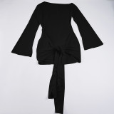 Women's Chic Solid Color Slash Shoulder Lace-Up Bell Sleeve Bodycon Mini Dress