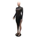 Women's Fashion Round Neck Mesh Patchwork Sequin Tassel See-Through Beaded Dress