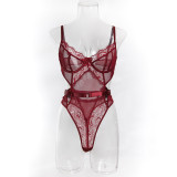 Women's Lingerie Burgundy Lace Cut-Out Shaping Bodysuit with Gloves