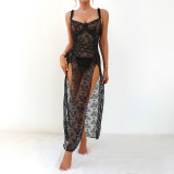 Women's Plus Size Black Lace Mesh Patchwork High Slit Long Dress