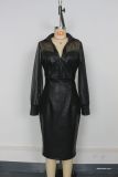 Women's Clubwear Mesh PU Leather Patchwork V-Neck Bodycon Dress