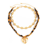 Women's Accessories Gold Heart Pendant Leopard Fabric Choker Necklace