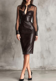 Women's Clubwear Mesh PU Leather Patchwork V-Neck Bodycon Dress