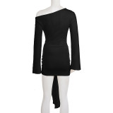 Women's Chic Solid Color Slash Shoulder Lace-Up Bell Sleeve Bodycon Mini Dress