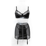 Women's Black See-Through Mesh Bra High-Waist Butt Lift Three-Piece Lingerie Set