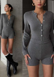 Women's Fashion Knit Long Sleeve Button-Up Bodysuit and Shorts Set