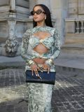 Autumn Women's Print Cut-Out Sexy Long Sleeve Maxi Dress