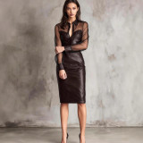 Women's Clubwear Mesh PU Leather Patchwork V-Neck Bodycon Dress