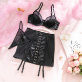 Women's Black See-Through Mesh Bra High-Waist Butt Lift Three-Piece Lingerie Set