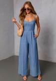 Women's Casual Solid Color Strap Wide Leg Jumpsuit